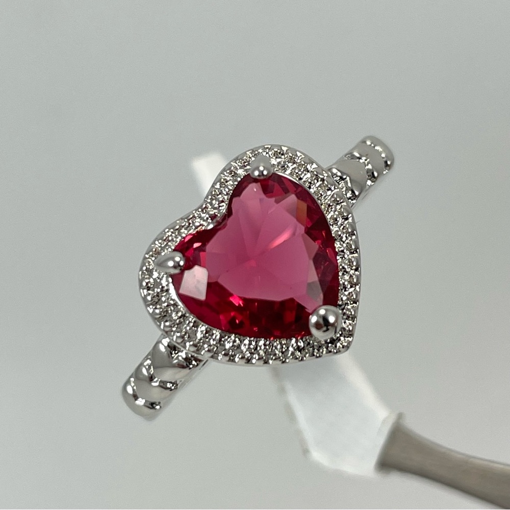 Silver Ruby Red Diamond White CZ Heart Halo Ring Romantic Statement Gift